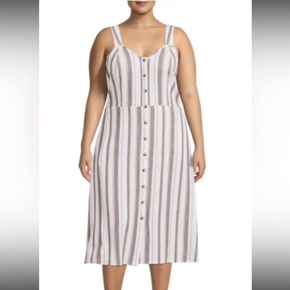 Terra & Sky Dress Women's 3X Pink Green White Stripe Linen Blend Button Midi NWT